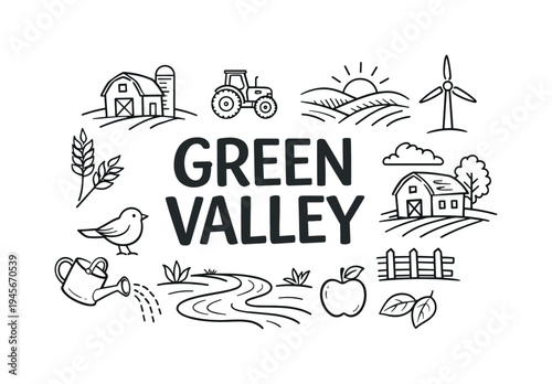 Green Valley farm illustration with tractor, barn, and windmill. A charming hand-drawn illustration depicting a rural landscape with agricultural elements and the text Green Valley