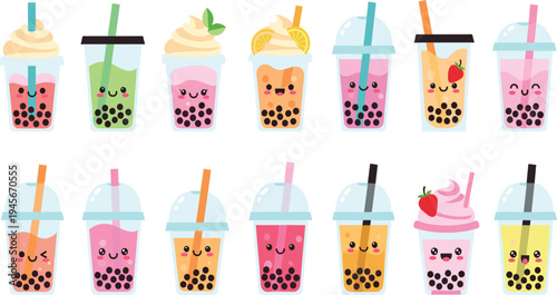 Cute bubble tea drinks collection with tapioca pearls fruit flavors and whipped cream kawaii boba milk tea cups vector illustration