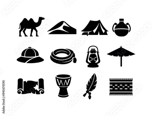 Desert adventure icons: camel, tent, safari hat, lantern, and ancient scroll. Collection of black silhouette icons representing desert travel and exploration, including a camel