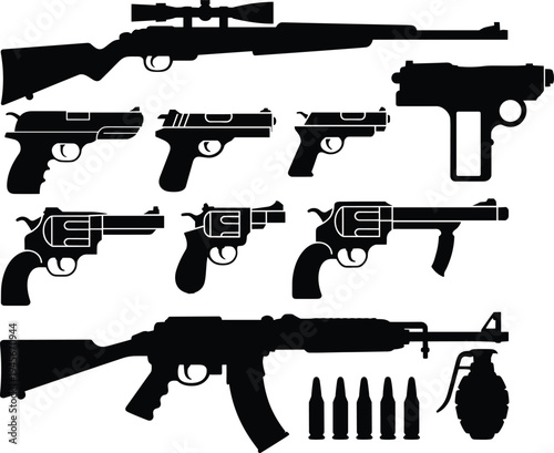 Set of black silhouettes featuring various firearms including sniper rifles, assault rifles, handguns, revolvers, pistols, ammunition bullets, and hand grenade for tactical design,