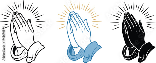 Set of praying hands illustrations featuring various styles including line art, colored version, and black silhouette with divine light rays for spiritual design,