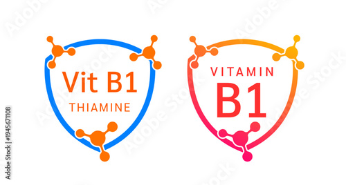 Vitamin B1 shield icon collection for product label design. Thiamine molecule form simple line. Isolated on a white background. Medical symbol concept. Vector EPS10 illustration.