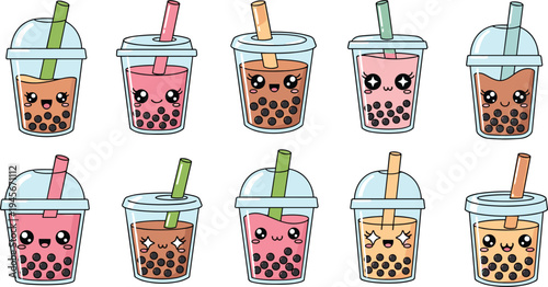 Cute bubble tea cups with tapioca pearls kawaii boba milk tea drink characters collection vector illustration