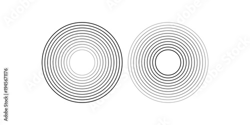 Black concentric circle set. Sonar or sound wave ring collection. Dotted and linear epicentre, target, radar icon concept. Ripple radial signal or vibration elements. Vector line and halftone symbols