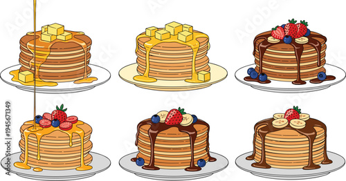 Delicious pancake stacks with butter syrup chocolate and fresh berries breakfast dessert plates vector illustration