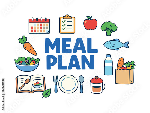Meal plan icons with healthy food and calendar for diet planning. A collection of colorful icons representing a meal plan, including fresh produce, a calendar, a cookbook, and