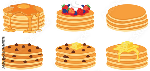 Pancake stack set with syrup butter chocolate chips and berries breakfast dessert food vector illustration