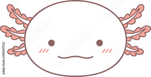 Cute axolotl face minimal kawaii cartoon amphibian character with pink frilled gills adorable aquatic animal vector illustration
