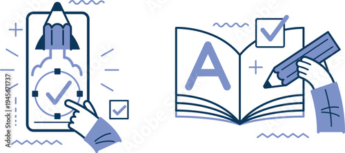 Digital and traditional learning methods represented through interactive app and textbook