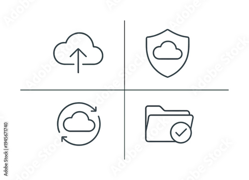 Cloud computing icons for upload, security, sync, and file management. A collection of four minimalist line icons representing cloud upload, secure cloud storage, data