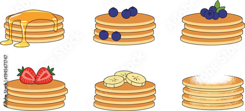 Pancake stacks with syrup strawberries blueberries bananas and powdered sugar breakfast dessert food vector illustration