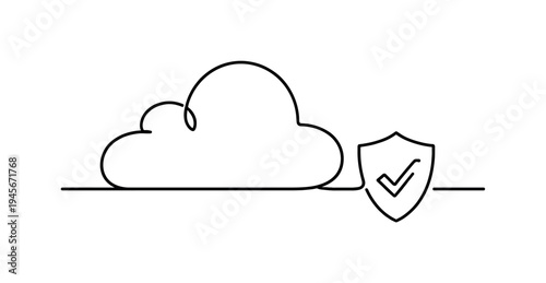 Cloud security icon with a shield and checkmark in minimalist line art style. A simple, modern line drawing representing cloud computing security and data protection with a shield