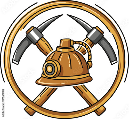 Mining emblem with crossed pickaxes and miner helmet vintage circular badge logo for mining industry vector illustration