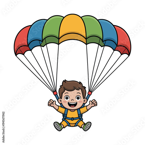 Happy cartoon boy in a yellow jumpsuit skydiving with a vibrant parachute, enjoying the exhilarating experience of freefall.