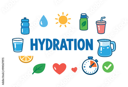 Hydration icons and text promoting healthy water intake and well-being. A collection of colorful icons representing water, health, and time, centered around the word HYDRATION