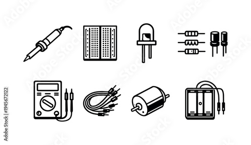 Electronic components icons: soldering iron, breadboard, LED, resistors, multimeter, wires, motor, battery pack. A collection of black and white line art icons representing various