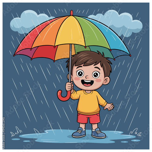 Happy cartoon boy holding a colorful rainbow umbrella, standing in a puddle during a heavy rain shower with dark clouds.