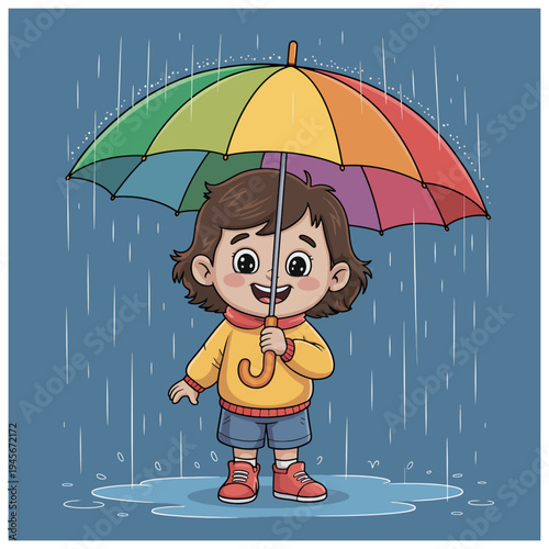 Happy cartoon girl holding a colorful rainbow umbrella, standing in a puddle during a heavy rain shower with dark clouds.