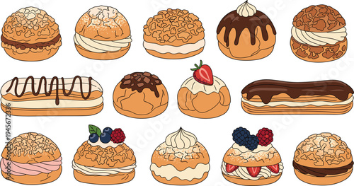 French choux pastry dessert set with cream puffs eclair and profiteroles chocolate glaze and cream filling bakery sweets vector illustration