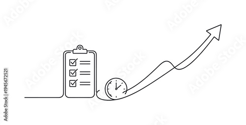 Checklist and clock with upward trending arrow symbolizing progress and success. A minimalist line drawing depicts a clipboard with a completed checklist, a clock, and a rising
