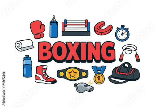 High energy combat sports concept focused on boxing training and competitive matches where athletes build strength, endurance, and mental discipline inside the ring. BOXING title surrounded