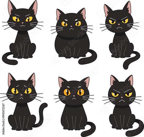 Black Cat Cartoon Character Collection Showing Different Facial Expressions Cute Halloween Pet Mascot Illustration Set for Emotions, Stickers and Animal Design