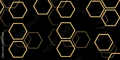 Modern luxury horizontal banner background with layers of golden hexagon shapes and shadow decoration. Trendy simple pentagon shape texture design. Luxury and elegant concept, vector
