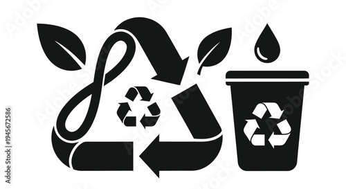 Recycling symbol with leaves water droplet and waste container illustration
