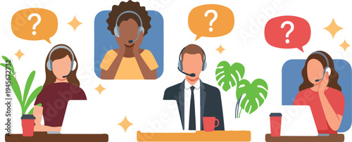 Customer care service vector set with man and woman wearing headset talking on phone for call center support concept