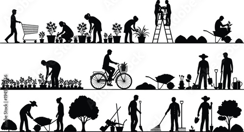 Gardeners and landscaping workers silhouettes planting, digging, raking and transporting plants, outdoor garden maintenance activities, horticulture lifestyle illustration collection