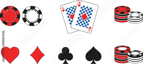 Poker casino icons with playing cards chips and card suit symbols gambling game elements vector illustration