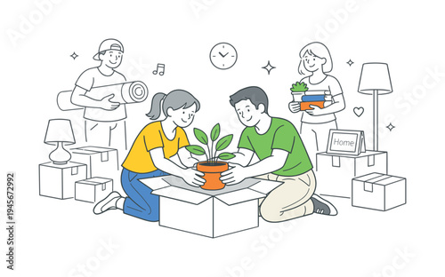 Family unpacking boxes and setting up a new home with a potted plant. A happy family is unpacking belongings and arranging their new living space, symbolizing a fresh start and