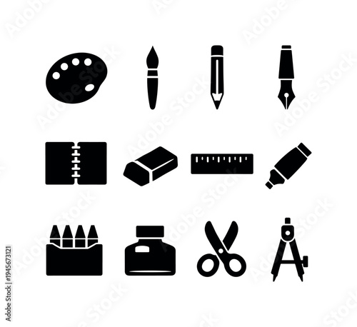 Collection of black art and school supply icons on a white background. A graphic design featuring a palette, brush, pencil, pen, notebook, eraser, ruler, marker, crayons, ink