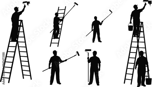 House painter silhouettes with ladder, paint roller and bucket, professional wall painting workers, home renovation maintenance service, construction decorator illustration set