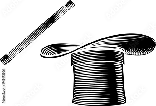 Detailed black and white woodcut style illustration  magicians top hat and wand. Classic engraving aesthetic ideal for themes of illusion, performance, vintage design, or traditional print art.