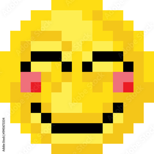 Cute pixel art emoji emoticon with a shy blushing smile and closed eyes. A warm 8 bit digital icon that radiates happiness and charm, great for retro chats, stickers or nostalgic pixel art collections