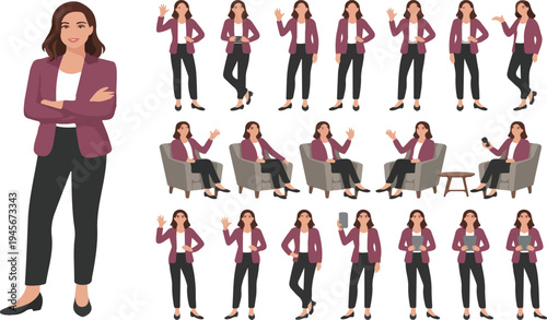 Big set of business young woman wearing formal outfit in various poses gestures standing and sitting in armchair vector illustrations