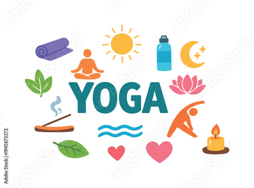 Yoga and wellness icons with the word yoga in the center. A collection of colorful icons representing yoga, meditation, and healthy living, including a yoga mat, incense, lotus