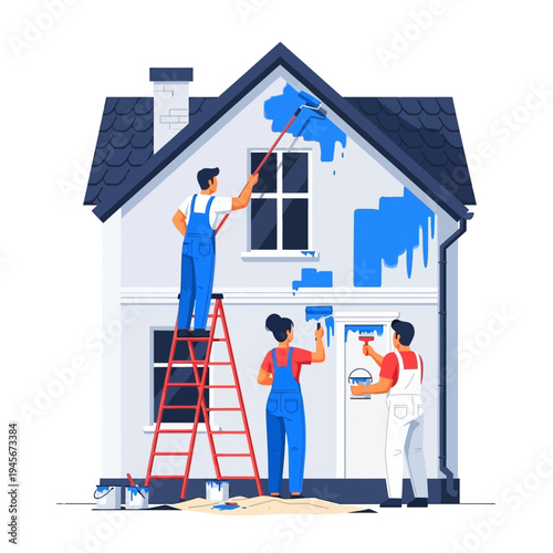 House painting crew working together to paint exterior walls blue on a sunny day.