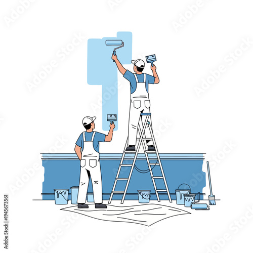 Painters painting a wall with rollers and brushes, home renovation, interior design, professional workers