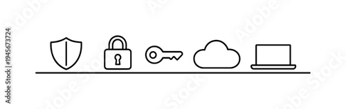 Security icons: shield, lock, key, cloud, and laptop on a line. A minimalist line art illustration depicting essential security and technology elements arranged horizontally on a