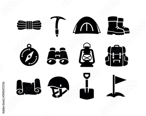 Camping and adventure equipment icons for outdoor exploration and survival. A collection of black silhouette icons representing essential gear for camping, hiking, and wilderness