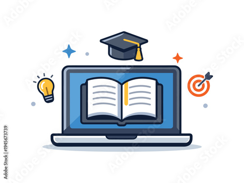 Online education concept with laptop, graduation cap, book, lightbulb, and target. Digital learning and achievement symbolized by a laptop displaying an open book, topped with a