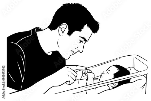 Father Meeting Newborn in Hospital Bassinet Touching Tiny Hand New Fatherhood Birth Black Vector Silhouette
