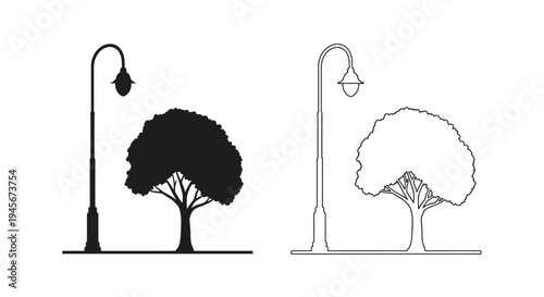 Pair of trees with street lamps one positive and one negative silhouette