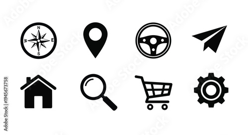 Collection of black and white travel and navigation related icons displayed on a white background