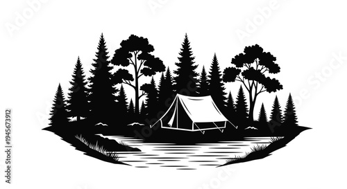 A serene forest campsite with a tent by the water silhouette