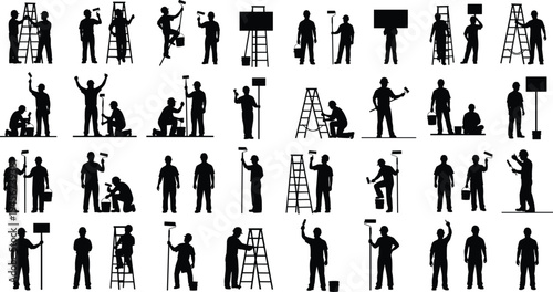 Painter worker silhouettes collection with ladders, paint rollers and buckets, professional house painting service, renovation maintenance workers, construction decorator activity set