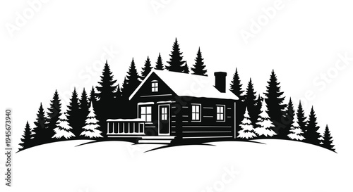 Cozy winter cabin nestled amongst trees a striking silhouette