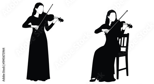 Two women playing violins depicted in a striking black silhouette